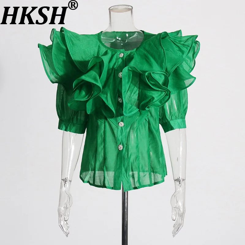 

HKSH Women Shirt Mesh Ruffled Short Sleeves Single Breasted Solid Color Elegant Urban Higfh-end Blouse Casual Top Summer HK21903