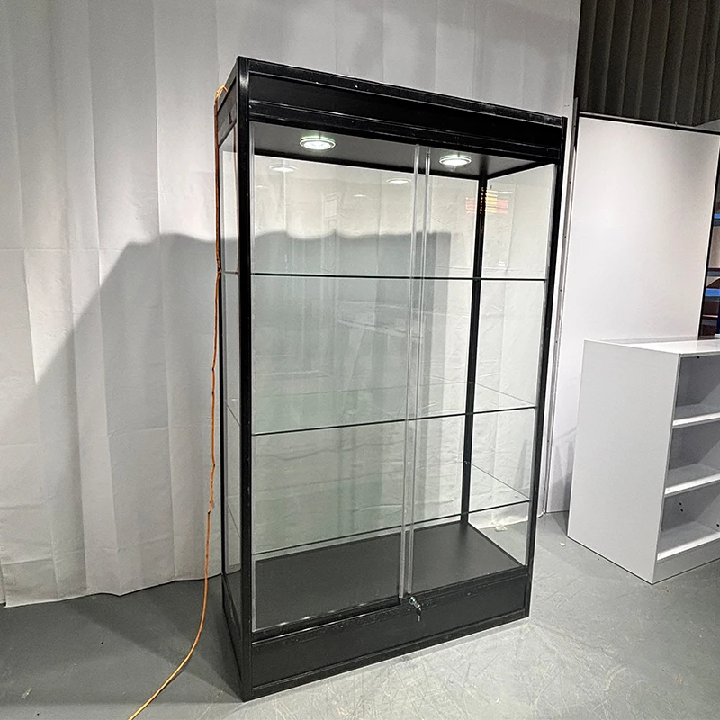 Glass 3-Shelf Display Showcase with Black Aluminum Frame Lockable Display Showcase With Light