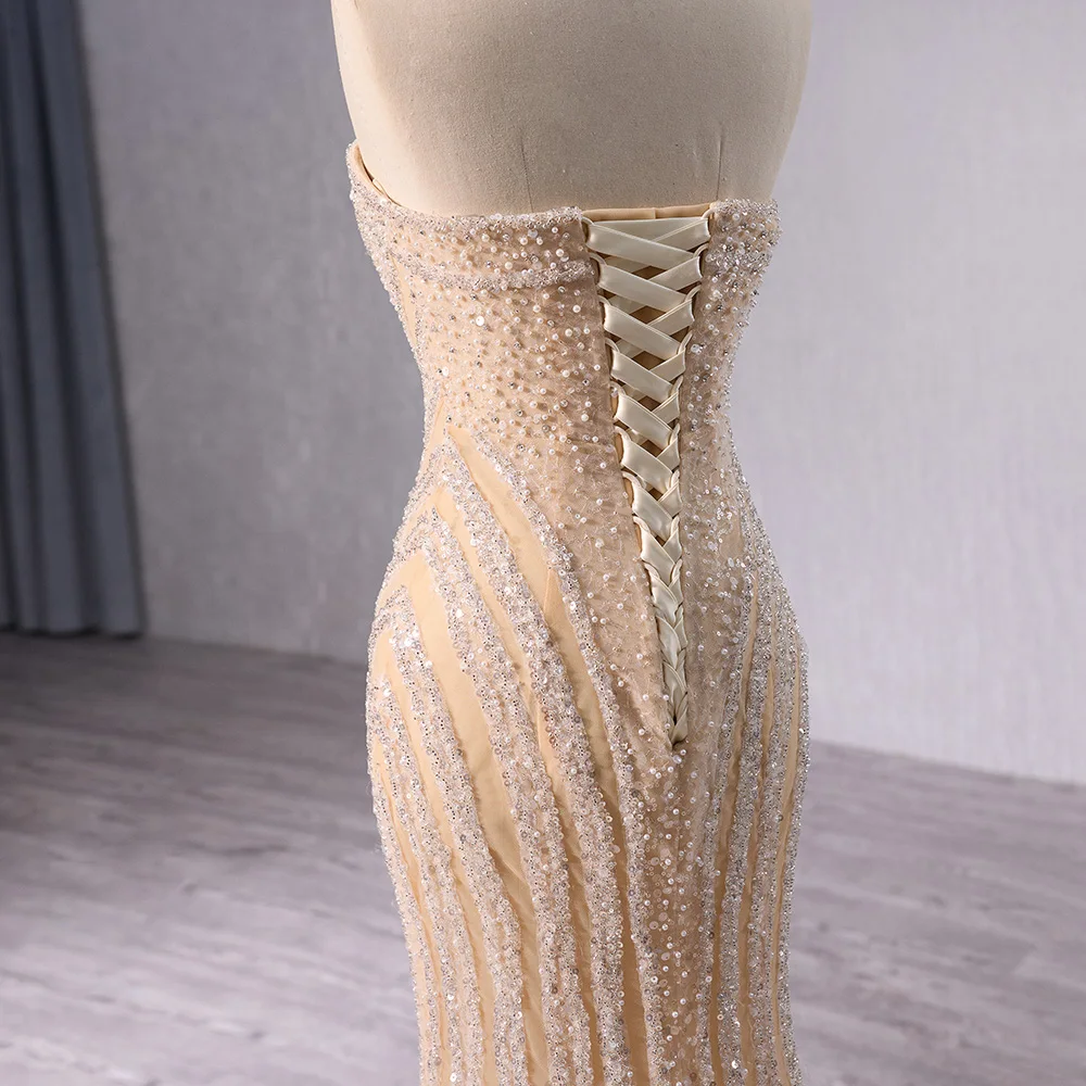 Elegant Champagne Sequined Dress Strapless Party Floor-Length Dress Beading Long Gown Dress robes de soirée RSM241039