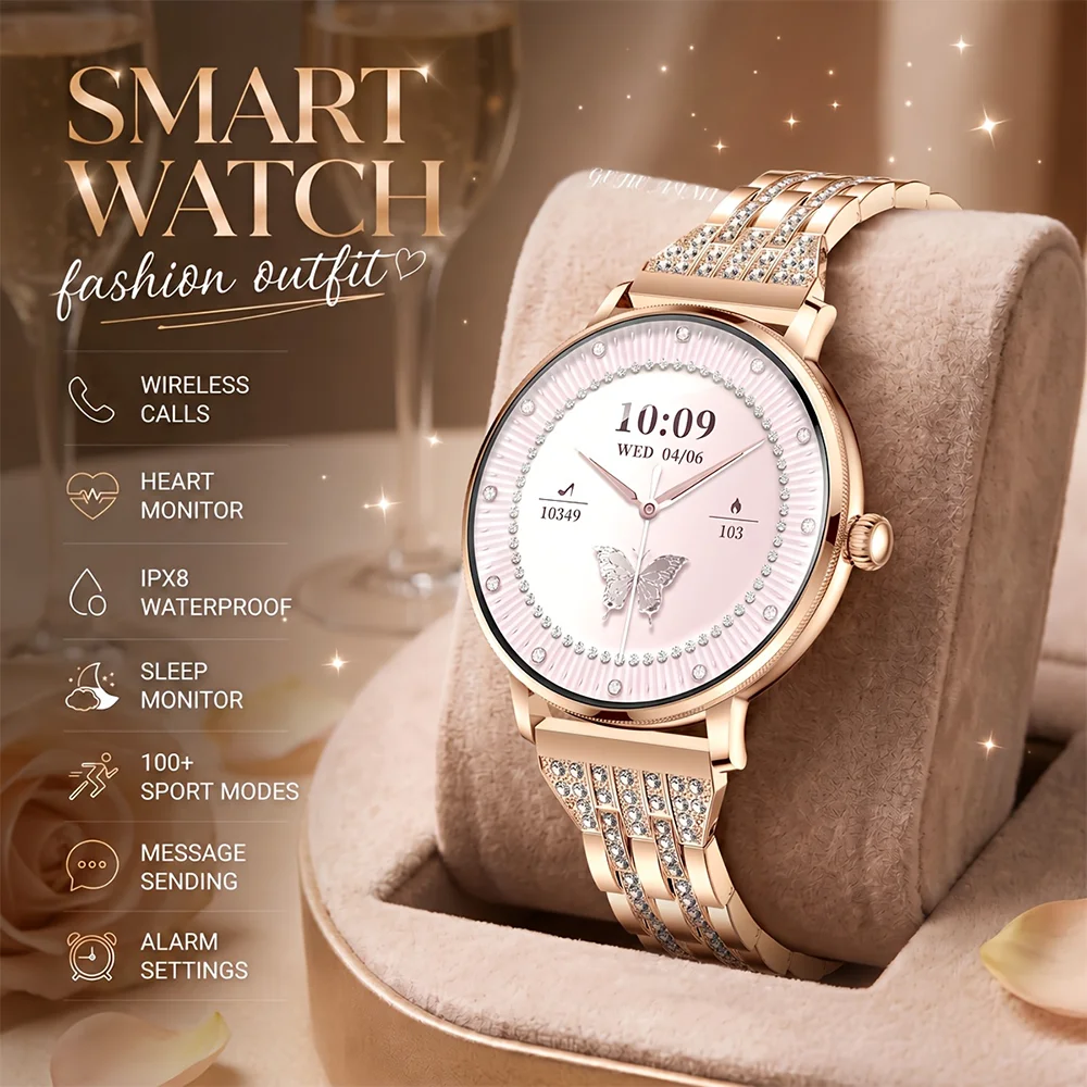 2026 Model Elegant Round Ladies' Wristwatch, Fashionable, Supports Wireless Calls, AMOLED Display, IPX8 Waterproof Smartwatch