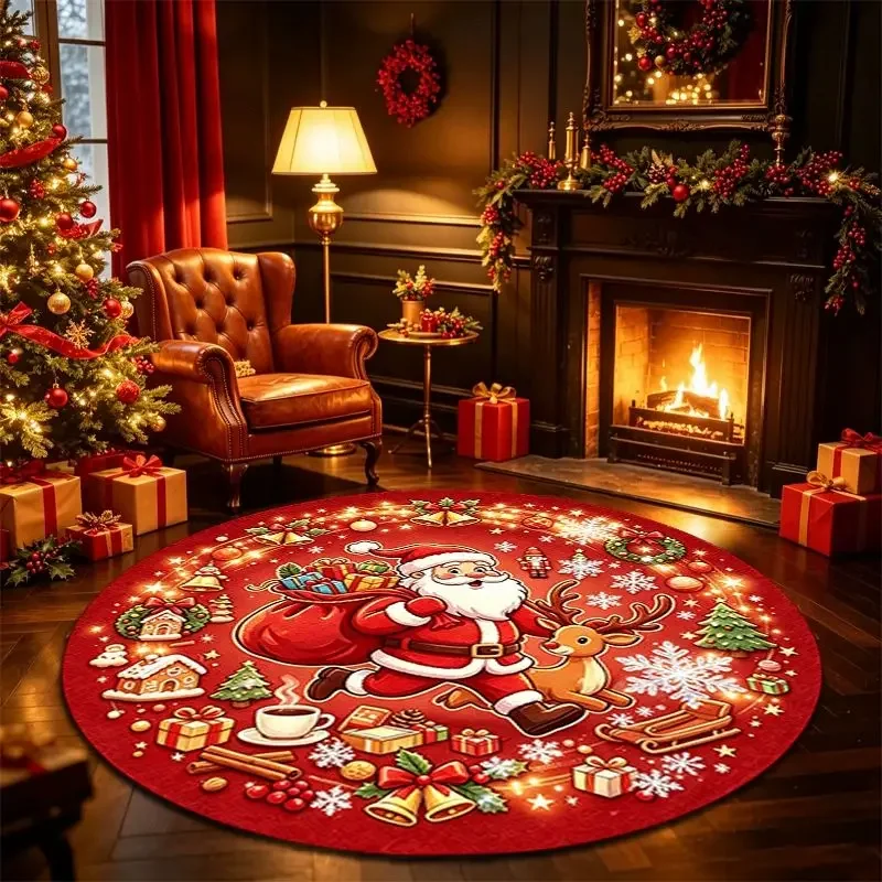 VIKAMA Holiday Gingerbread Cookie Santa Present Bells Peppermint Stick Round Rug Festive Soft Floor Mat Room Decor Durable Cozy
