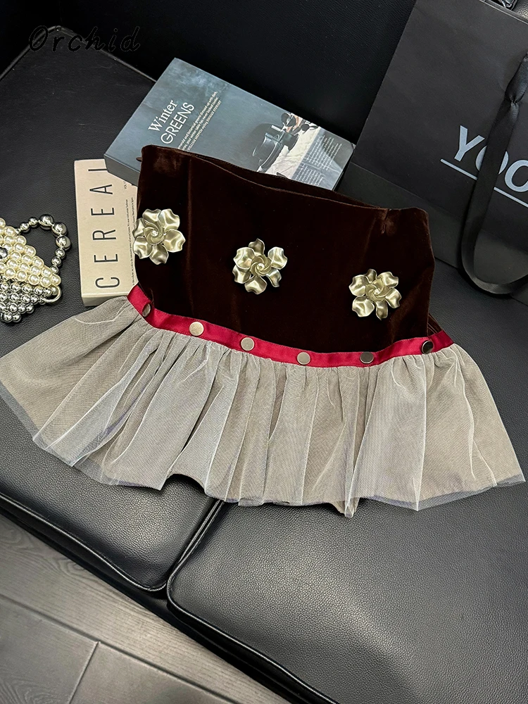 

2025 Summer Hotsweet Style Patchwork 3D Floral Skirts Women's Vintage Luxury High Waist Slim Fit A-line Female Mini Skirt