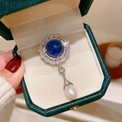Vintage Natural FreshWater Pearl Pendant Brooches for Women Elegant Retro Glaze Sapphire Gorgeous Corsage Jewelry Pin