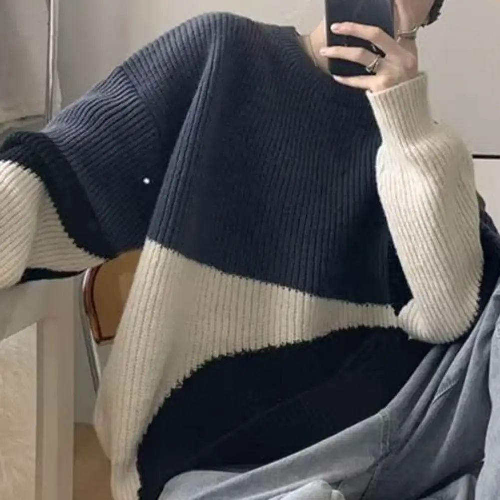 Men Sweater Contrast Color Crew Neck Ribbed Loose Fit Long Sleeves Coldproof Comfy Autumn Winter Knitted Pullover Sweater