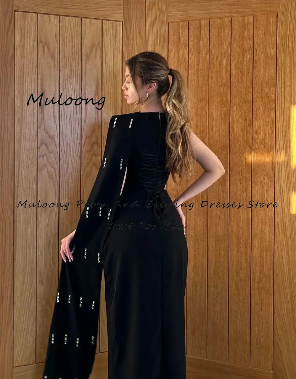 MULOONG O-Neck Straight Ankle Length Women Evening Dress Black Front Slit Rhinestone Lace Up Prom Gown New 2023