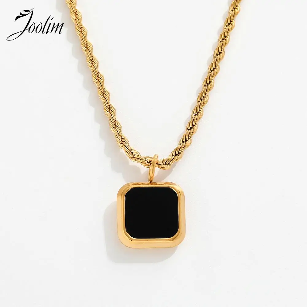 

Joolim Jewelry PVD Wholesale Chunky Rope Chain Elegant Square Black White Shell Pendant Stainless Steel Necklace for Women