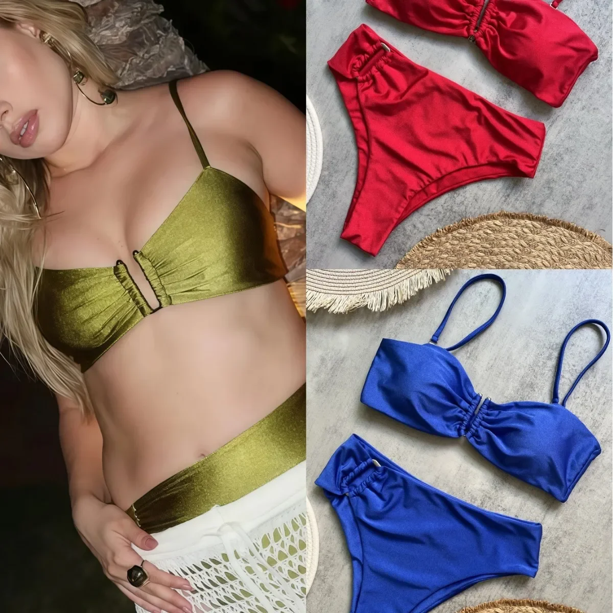 

2025 European and American new fashion bikini suit Amazon solid color swimsuit, beach sexy women's swimsuit