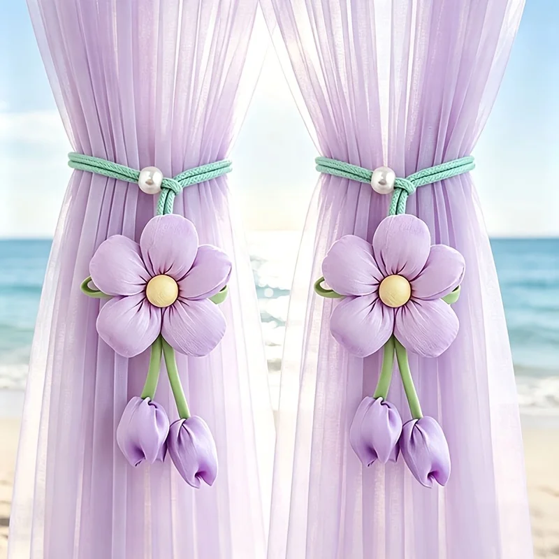 2Pcs Tulip Flower Curtain Tie Band Soft Cloth Curtain Holder Romantic Seaside Atmosphere Window Decor Strap Home Living Ornament