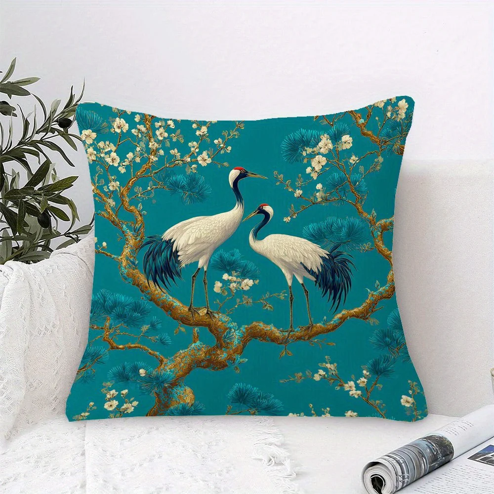 Oriental Red-Crowned Crane Pillow Cover Teal Pine Blossom Print Soft Linen Feel for Sofa Bed Living Room Asian Home Decor Gifts