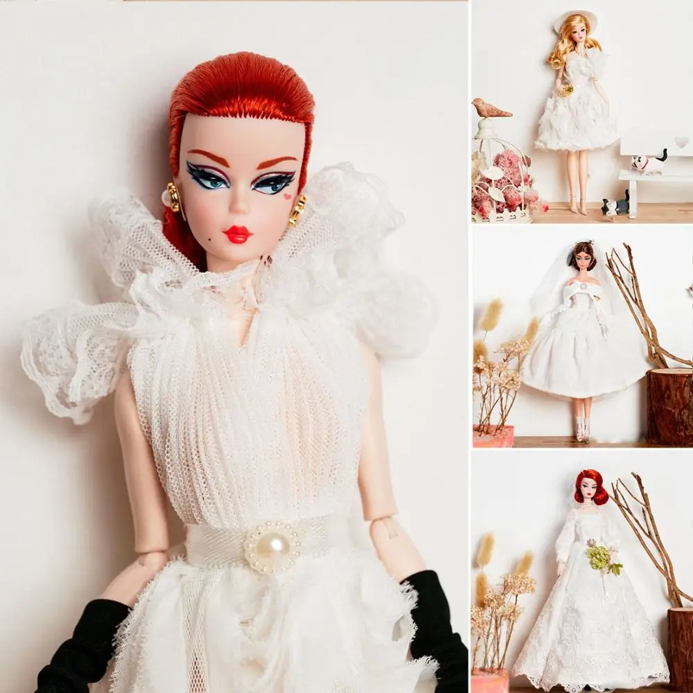 

European Fashion White Lace Dresses Suit with Headwear Hat Shoes Handmake Doll Clothes Suit Elegant DIY Toy Accessories