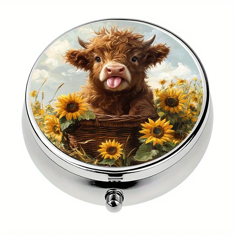 1 mini pill box with 3 compartments, cute Highland cow and sunflower design, mini pill container, pill organizer, unique travel gift