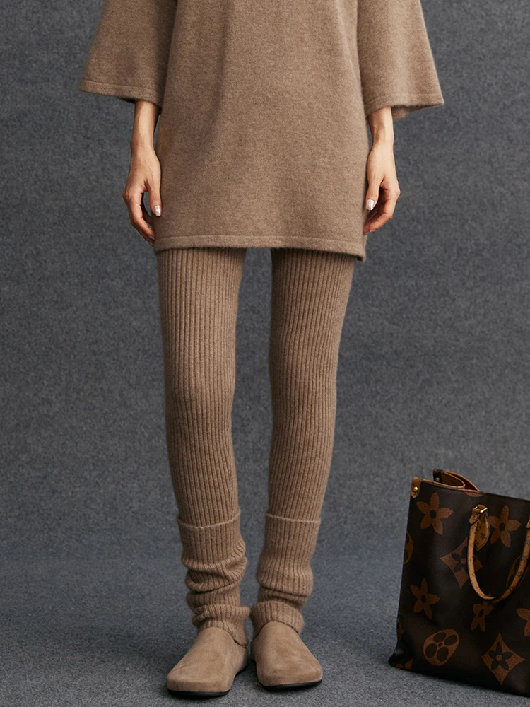 TLOML Women 100% Cashmere Legging Elasticity Slim Pants Autumn Winter Thick Basic Leggings Soft Vertical Stretch Cashmere Pants