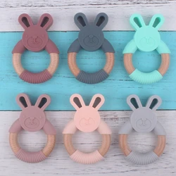 BPA Free Silicone Baby Teether Cartoon Rabbit Wooden Ring Newborn Handhold Teething Toys Rodent Molar Play Gym Educational Toy