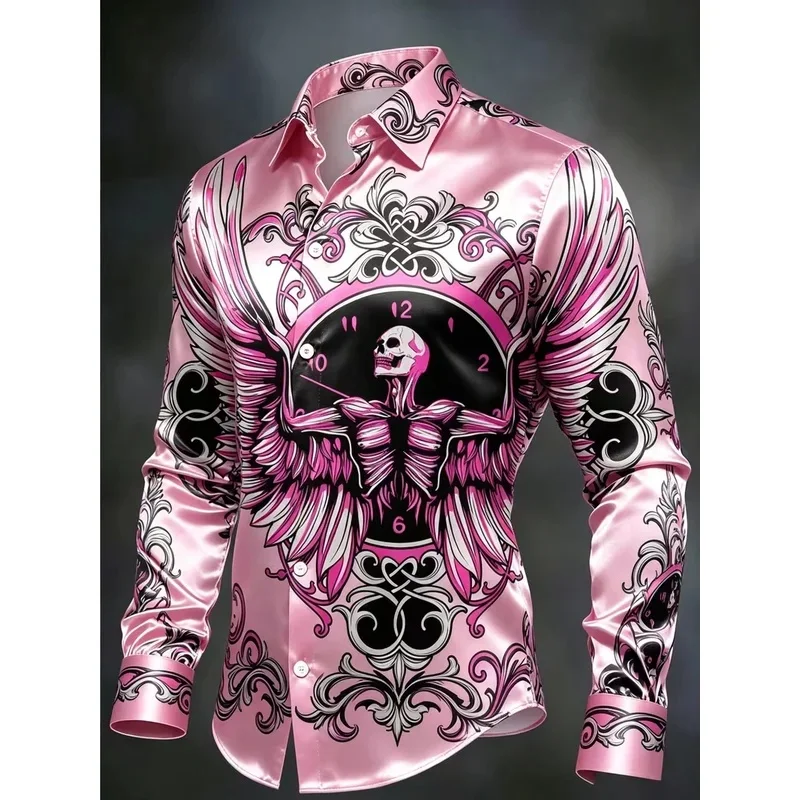 New Clock Skull Double Winged Curly Grass Printed Long Sleeve Shirt with Smooth Drop and Satin Collar for Men