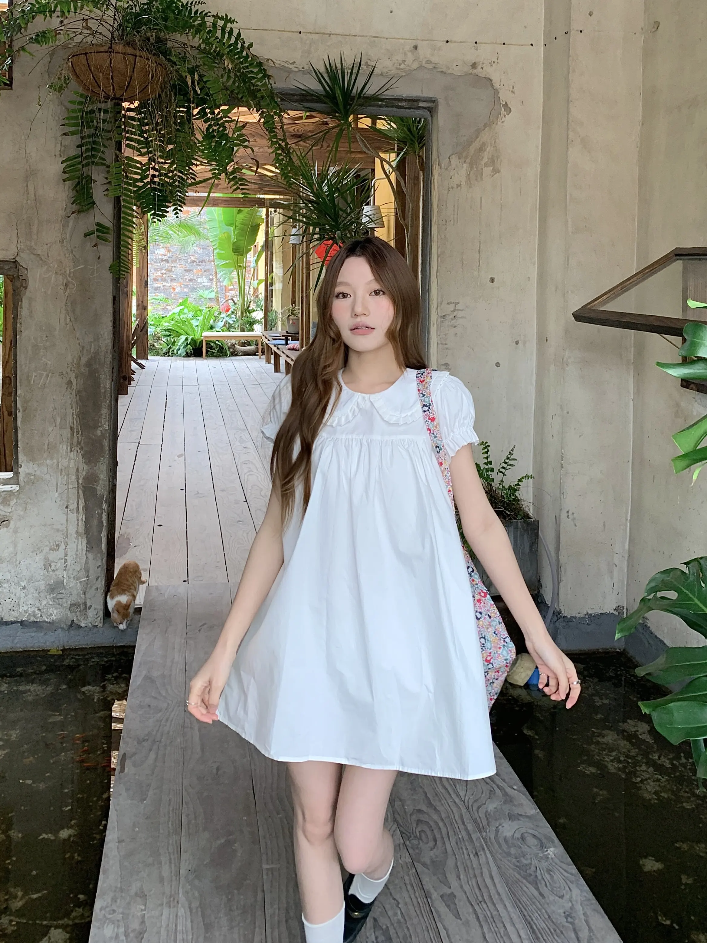 White Doll Collar Bubble Sleeve Short Sleeve Dress Women Summer Small Size Age Reduction Loose Slim A-Line  Dress