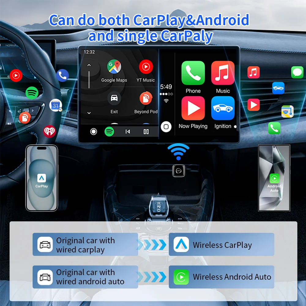2 in 1 ミニワイヤレスCarPlayアダプター ワイヤレスAndroid Auto AIスマートボックス カーオーディオレシーバー ポータブル