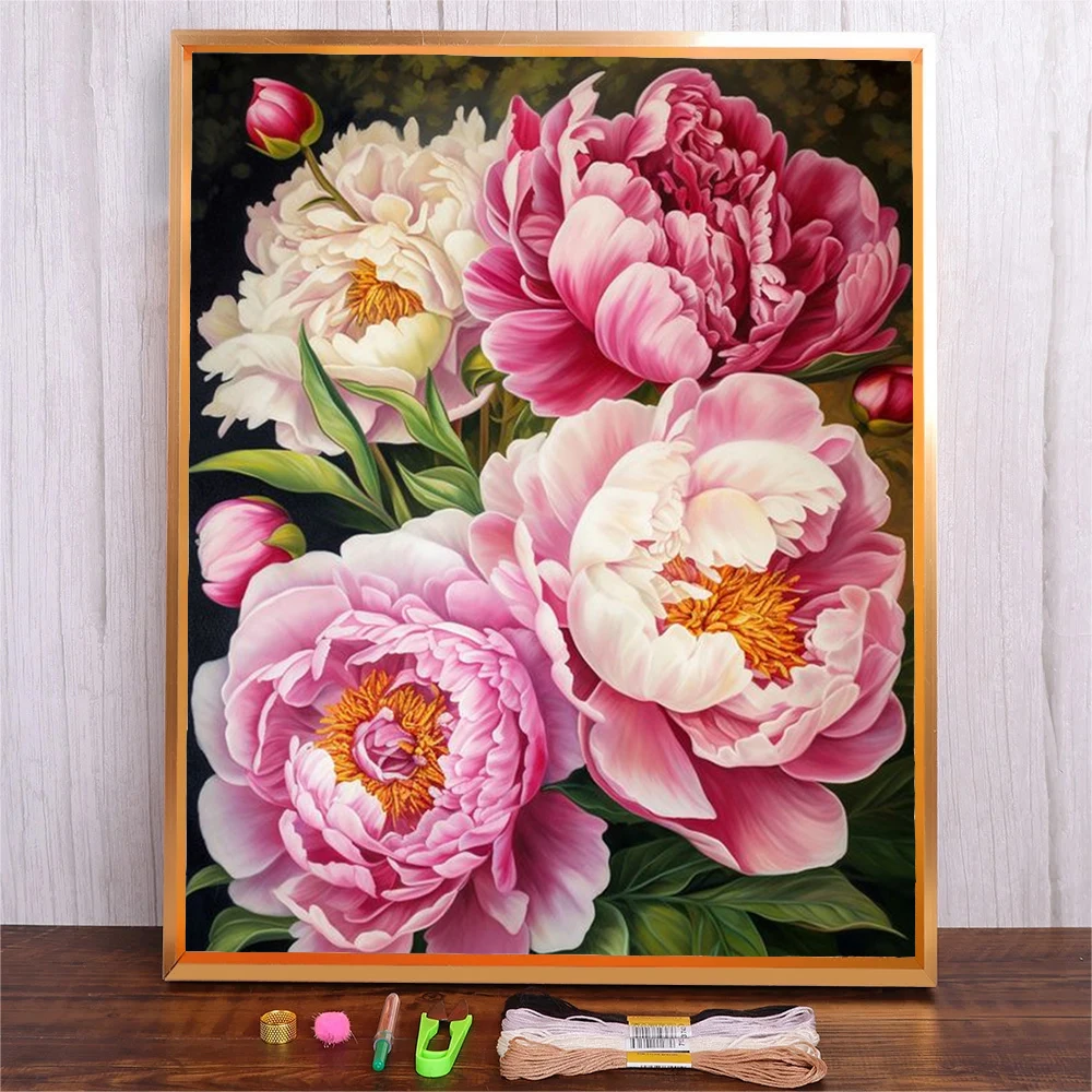 Peony Flowers Cross Stitch DIY Embroidery Set 11CT 14CT Printed Cloth Handmade Crafts Pack Cotton Threads Handicraft Gift