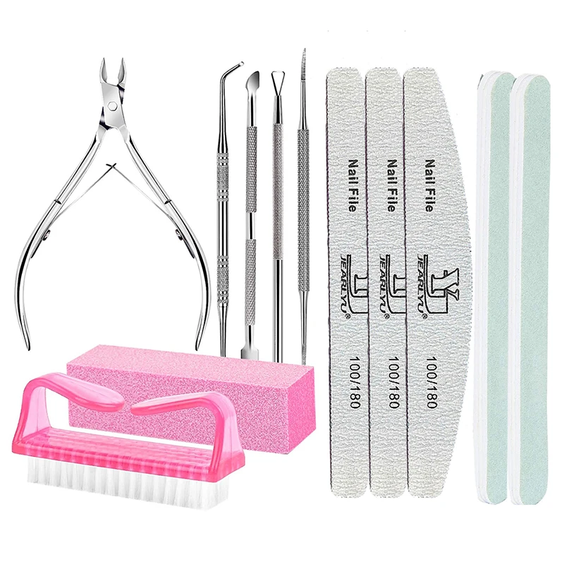 

12 Pcs/Set Nail Removal Tool Set Nail Clipper Buffering File Grit 100 180 Pedicure Polishing Strip Dead Skin Manicure Steel Push