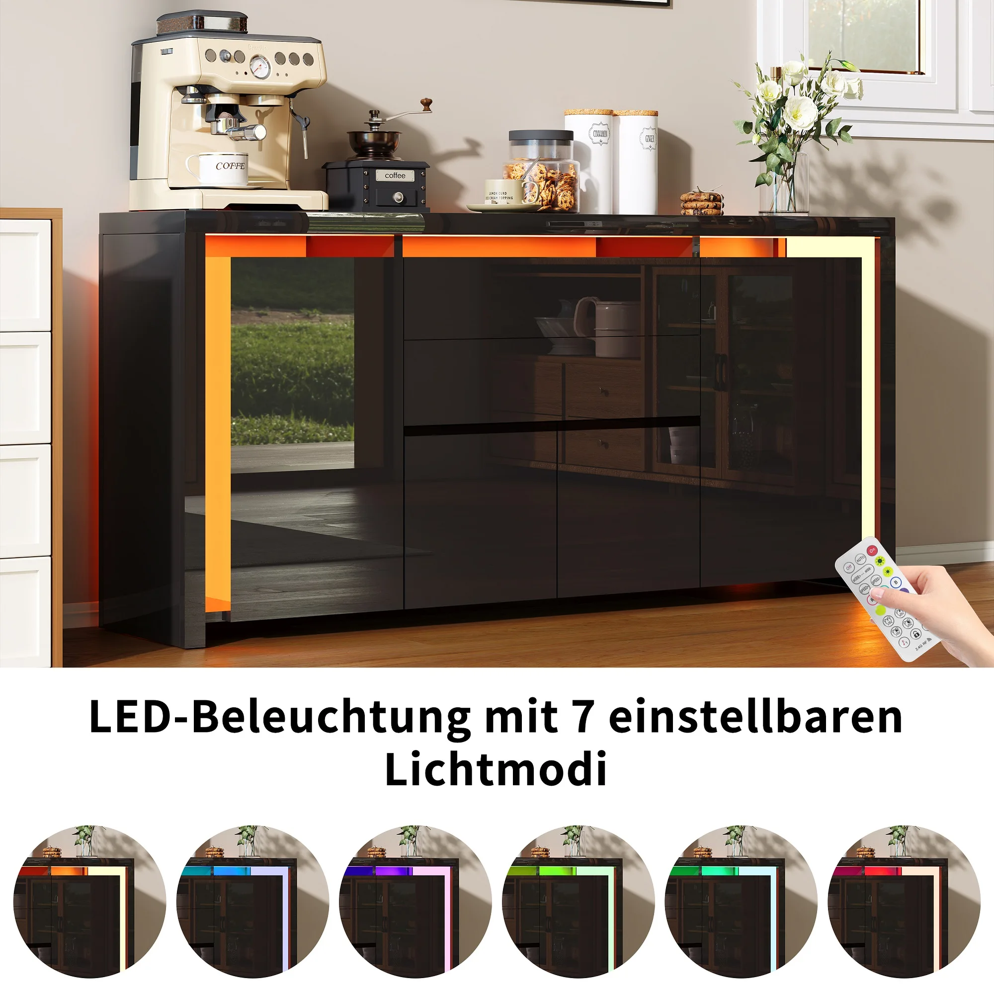 Rosahqnda Sideboard Hochglanzweiß mit LED, modernes Sideboard mit Tür und Schubladen, Buffetschrank, Kommode für die Küche – Detail 26
