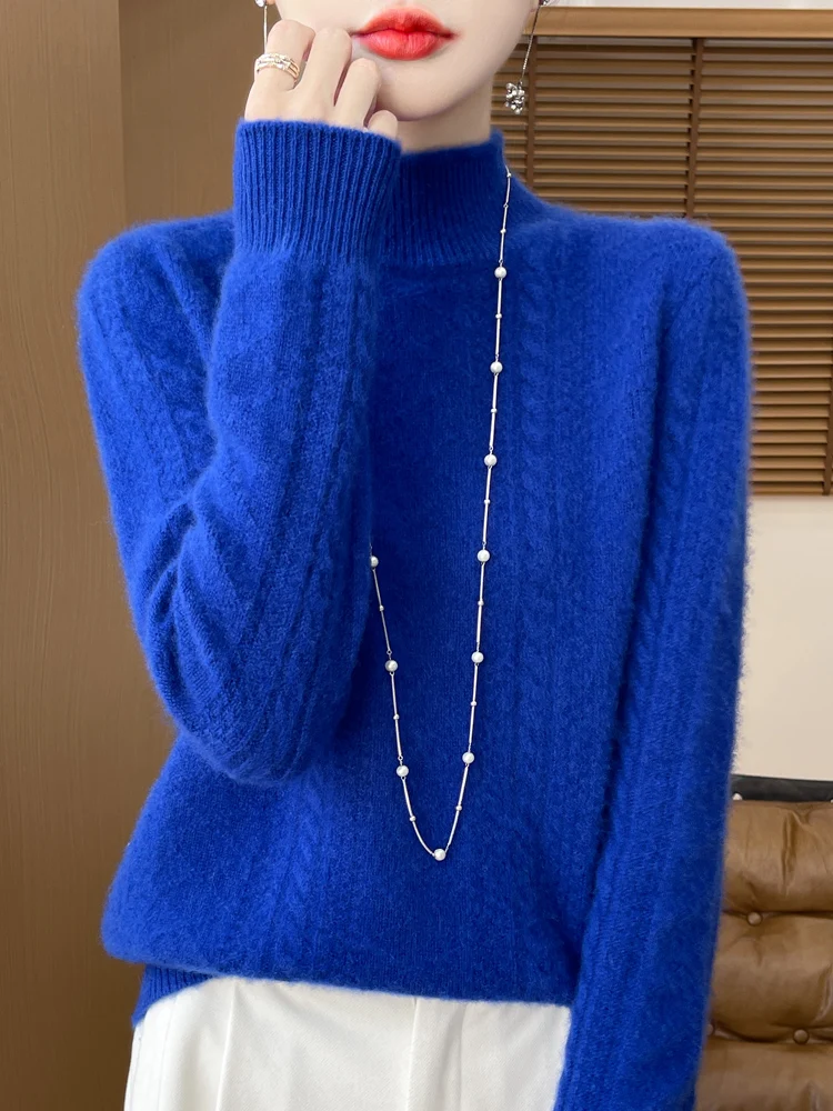 Women's Pullovers 100% Merino Wool Knitwear Contrast Color Semi-High Neck New Arrivals  Twist Flower Slim Fit Bottoming Sweater