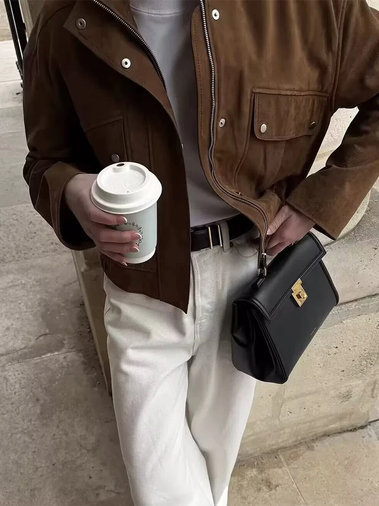 

Women's Vintage Brown Belt Lace Up Jacket Fashion High Waist Lapel Long Sleeve Short Coat Autumn Office Lady Commute Outwear