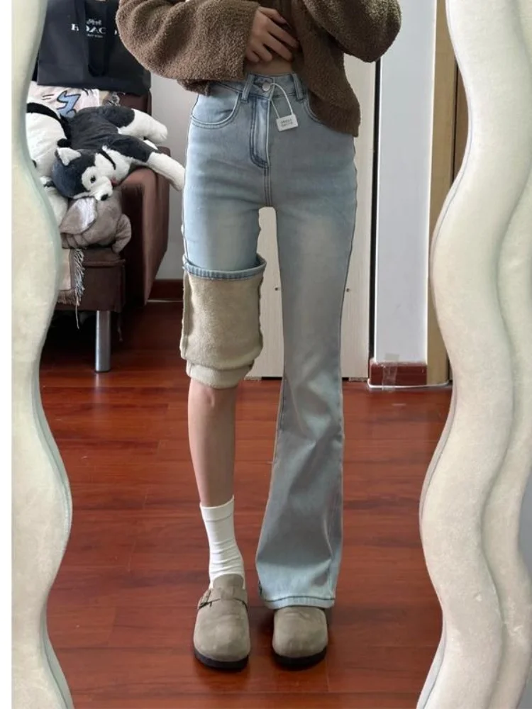 

Fce Lined Thiened Bell Bot Jeans Women's Autumn Winter plus Size High Waist Elastic Slimming Pear aped Bell Leg Pants