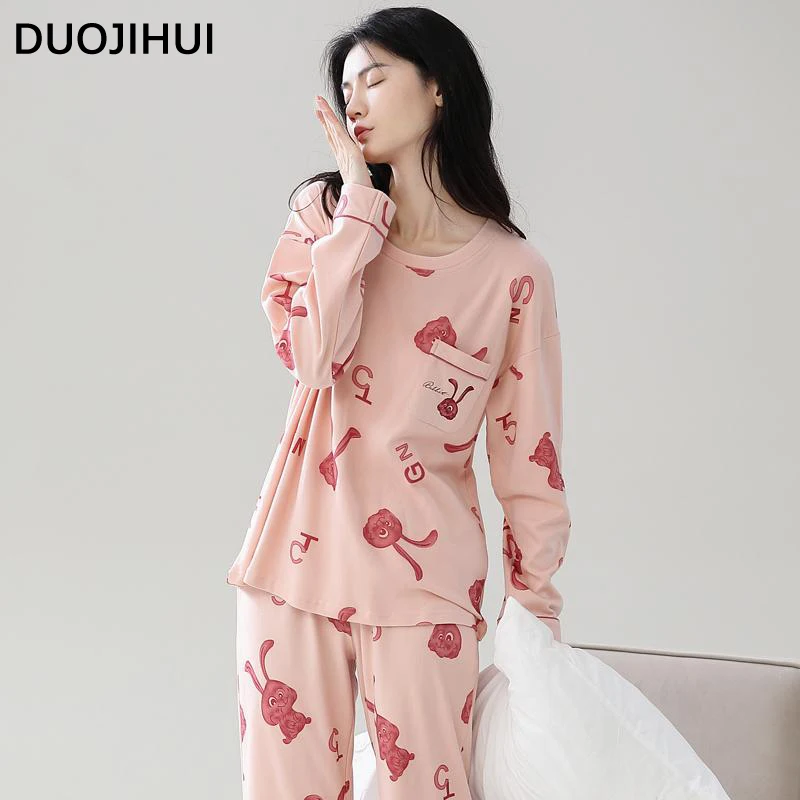 DUOJIHUI Pink Sweet Two Piece Casual Pajamas for Women Chic with Chest Pad Cardigan Basic Loose Pant Fashion Female Pajamas Set