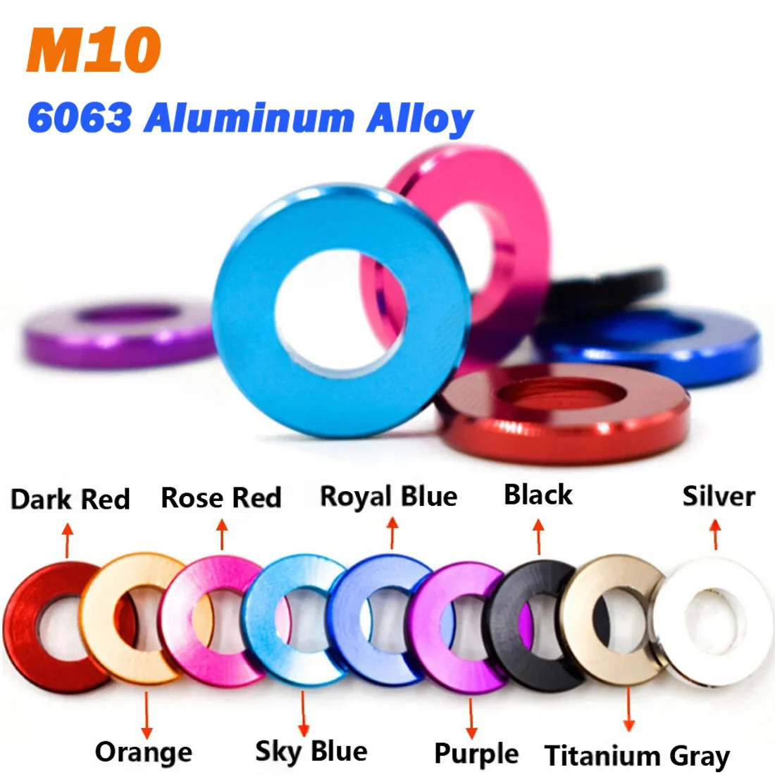 6063 Aluminum Alloy Washers M10x20x2mm/M10x20x1.5mm/M12x24x1.5mm Aluminium Anodised Metric Colourful Flat Washer Spacer Gasket