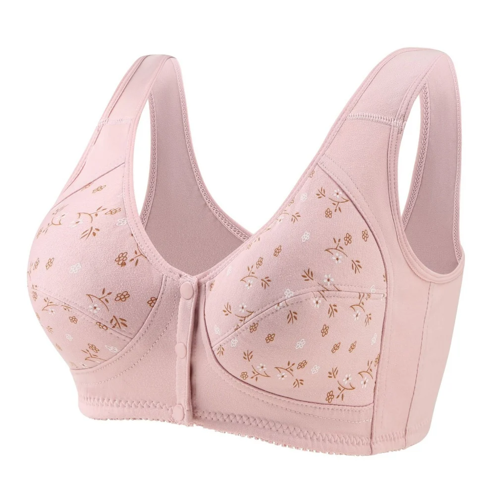 Comfortable Women\'s Bra Soft Cotton Vest Type Middle-aged And Elderly Bra Plus Size Printed Front Button Underwear