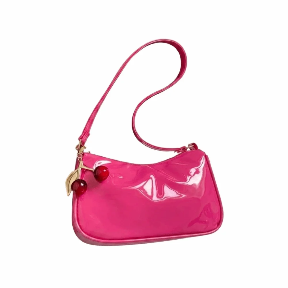 Minimalist Solid Color Women Shoulder Bag Korean Style With Cherry Pendant Crossbody Bag PU Leather Handbag Underarm Purse Women