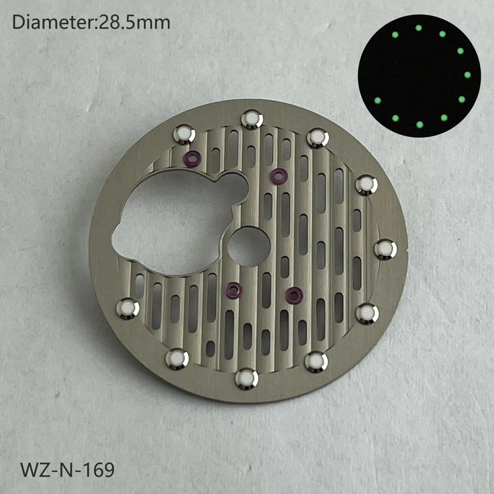 28.5mm NH38 다이얼 그레이 블루 그린 빛나는 스켈레톤 무브먼트 다이얼 일본 NH38/NH70/NH72 자동 무브먼트 로고 사용자 정의 가능