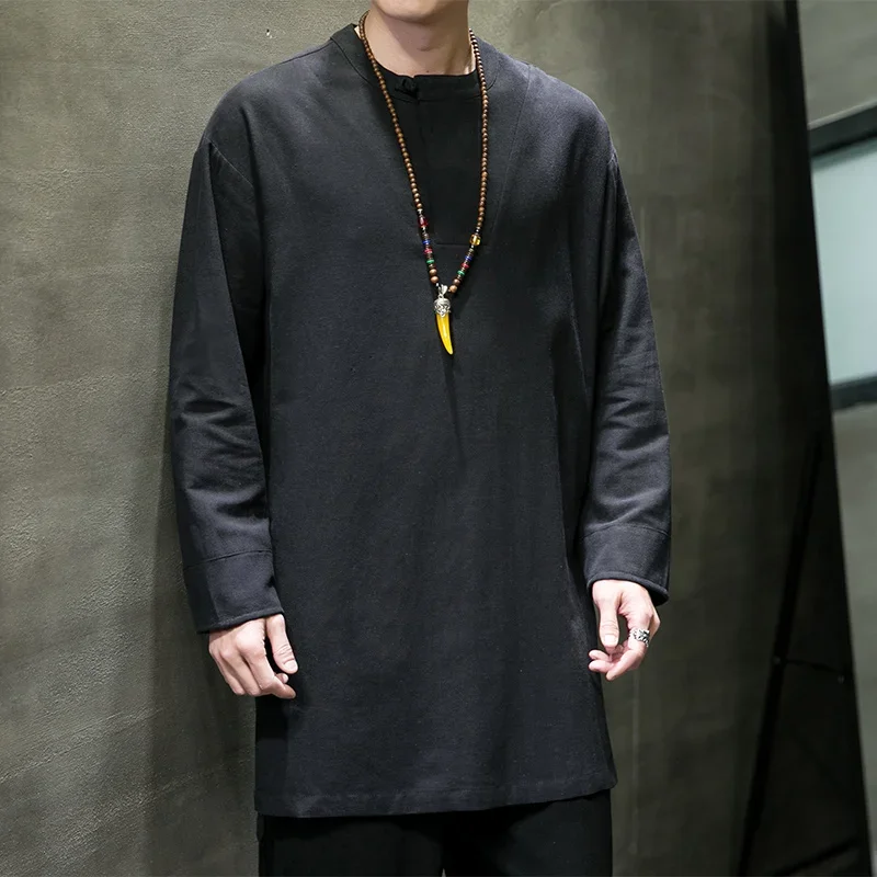 2023 Cotton Linen Men Tshirts Solid Color Spring Autumn Men Casual Breathable Loose Tops Long Style Panbuckle Robe Male T-Shirt