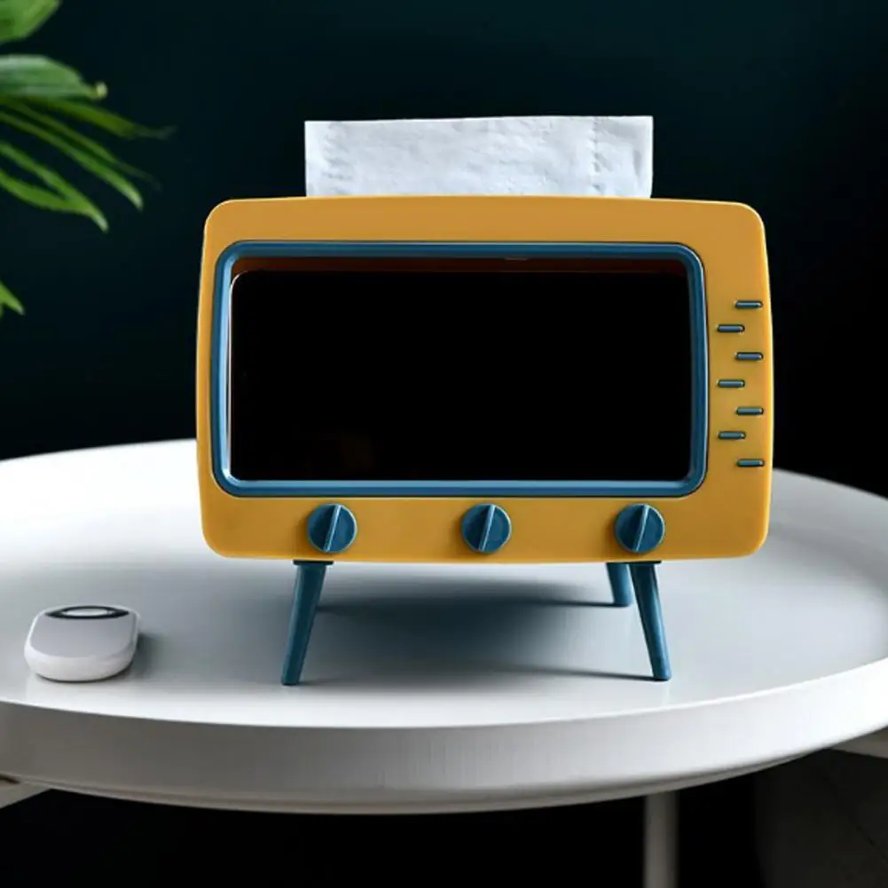 Removable Base Tissue Holder Retro Tv Shaped Tissue Box Holder with Cell Phone Slot Multi-functional Napkin for Bedroom