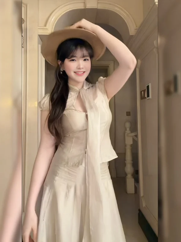 

Elegant Vintage Shirt Skirt Set Women's Chiffon Sash V-neck Midi Two-piece Fashionable Maturity Spring Casual Party Home