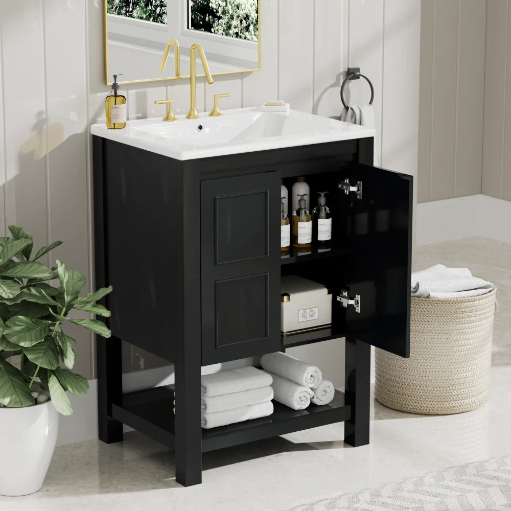 

24x18.3x34.7 Inches Compact Vintage Style Bathroom Vanity Cabinet and Ceramic Sink Combo with Open Shelf-2 Soft-close Doors