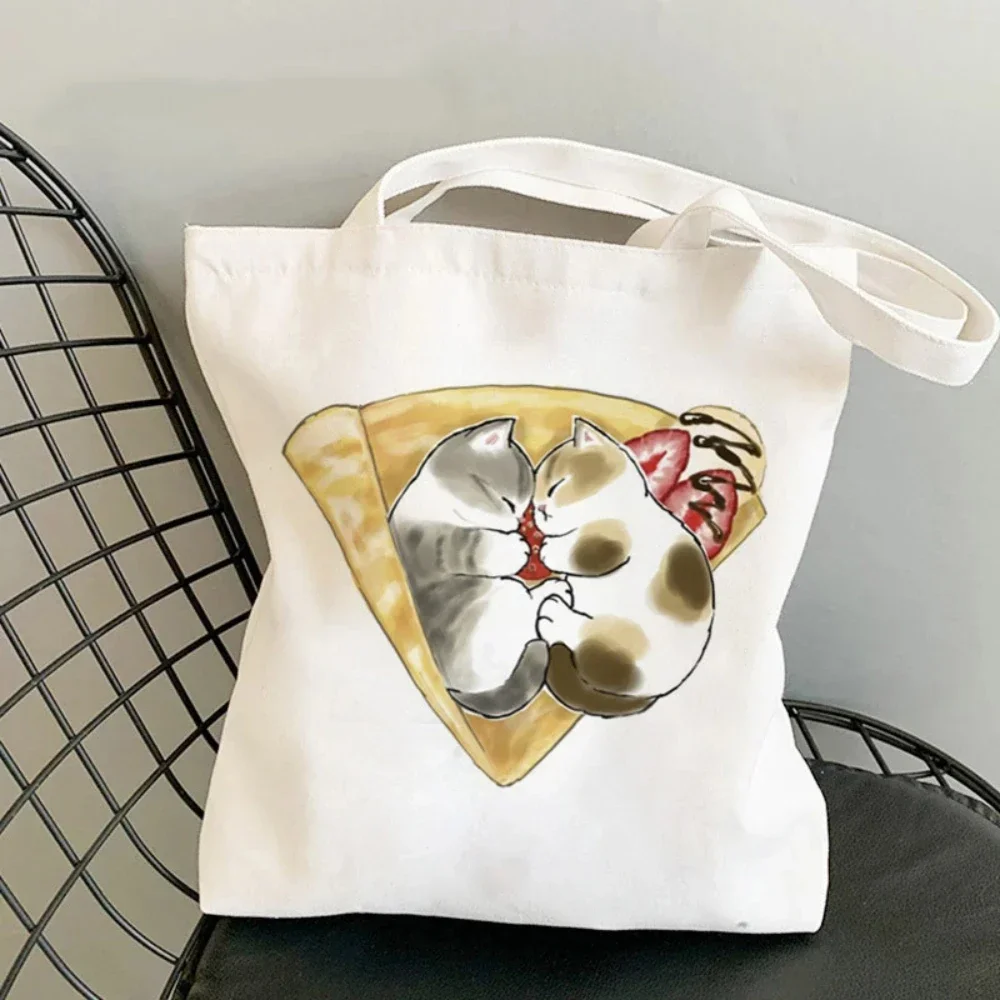 Kawai Cats And Food Creativity Inspired Canvas Bag Casual Shoulder Bag Eco Friendly Little Cat Bag For Shopping Office Travel