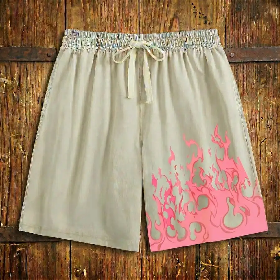 

Mens Pink Flame Print Washed Cotton Drawstring Casual Shorts For Summer Streetwear