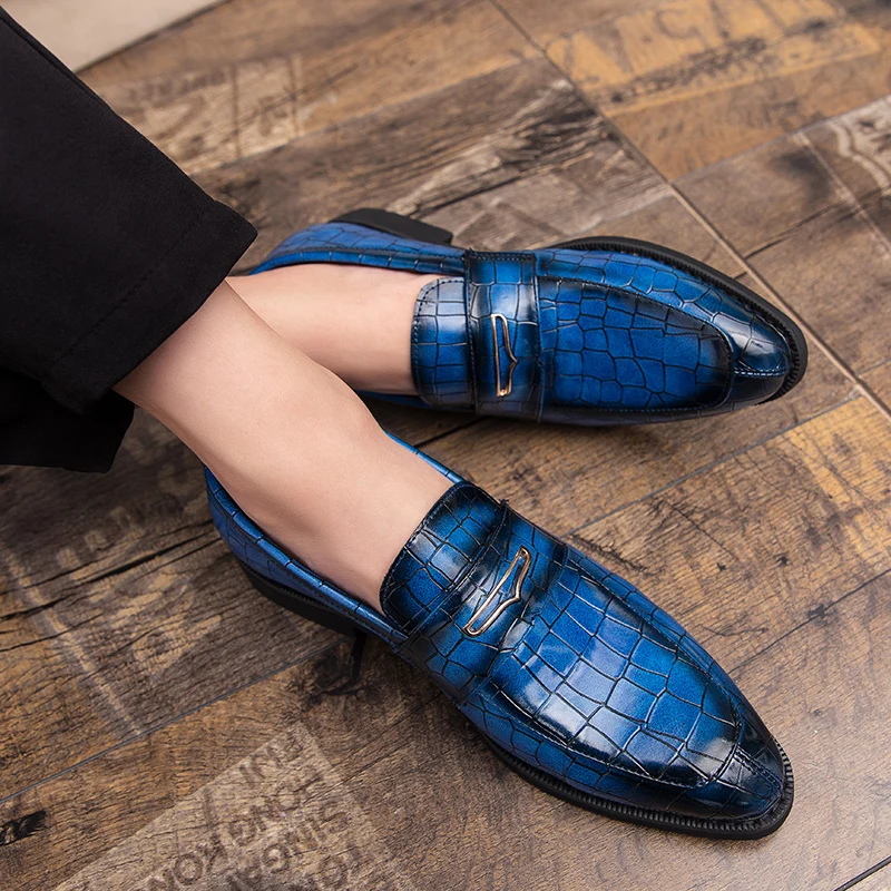 shoes men leather original Italian Classic Blue penny loafer shoes Red Dress Shoes Wedding Shoes Men Formal Flats big size：38-48