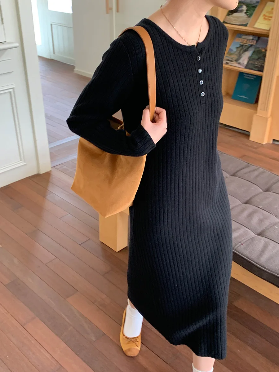 

Зима 2025 г., новое женское повседневное тонкое вязаное платье-свитер с длинными рукавами, удобный трикотаж для холодной погоды