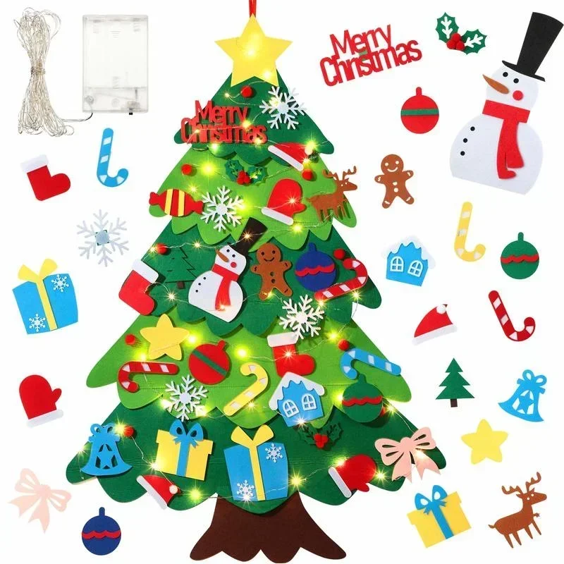 Felt Christmas Tree for Kids DIY Wall Hanging Xmas Decor with LED Light & Detachable Ornaments, Home Window Christmas Decoration