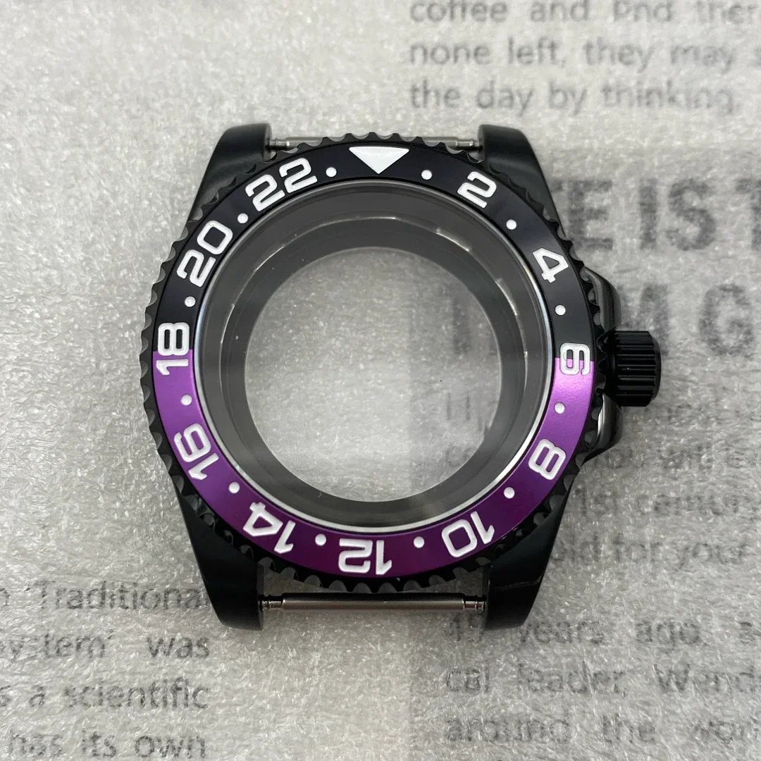 Sub gmt 42mm pvd anel preto caixa de relógio com moldura inclinada para nh35 nh36 nh38 nh70 nh72 movimento 28.5mm dial mods 007 caso