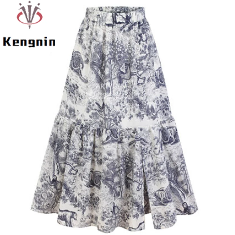 New 2022 Summer Print Floral Women's Skirts High Waist A-Line Office Lady Work Skirt Loose Bohemian Female Bottom Skirts KE2509