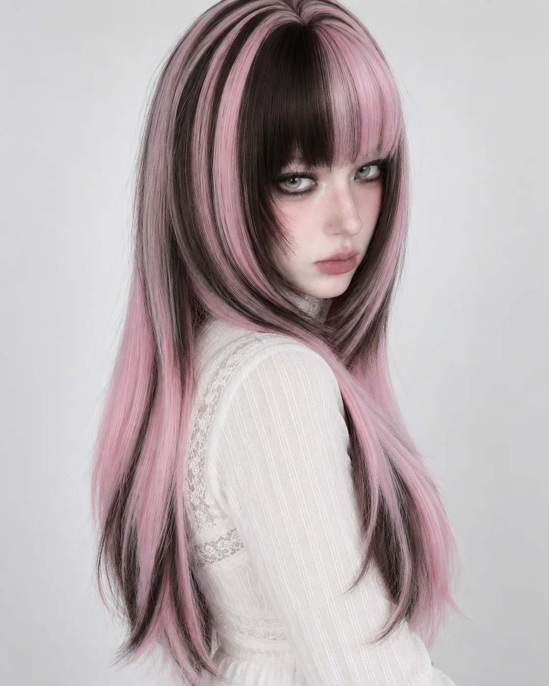 Long Straight Pink Black Ombre Wig with Bangs Y2K Anime Cosplay Synthetic Hair for Women Halloween Party Costume Rave Use