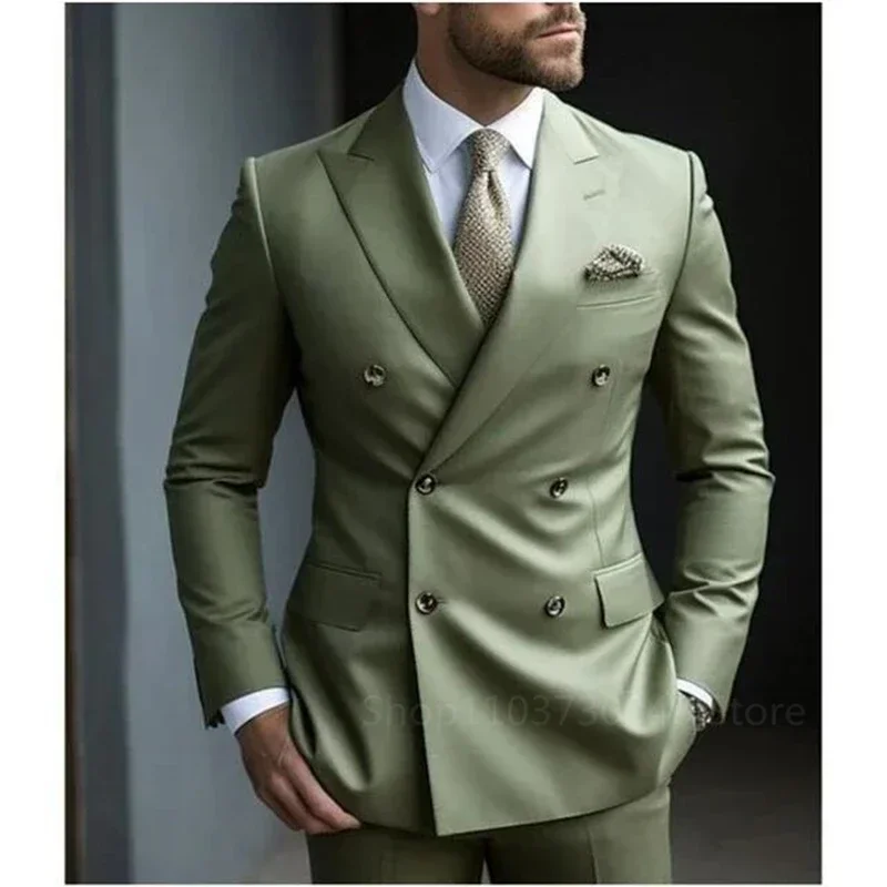 2 Pieces  Solid Men Suits Set Fashion New Men\'s Formal Business/Wedding Groom Suits Peak Lapel Double Breasted Blazer Trousers