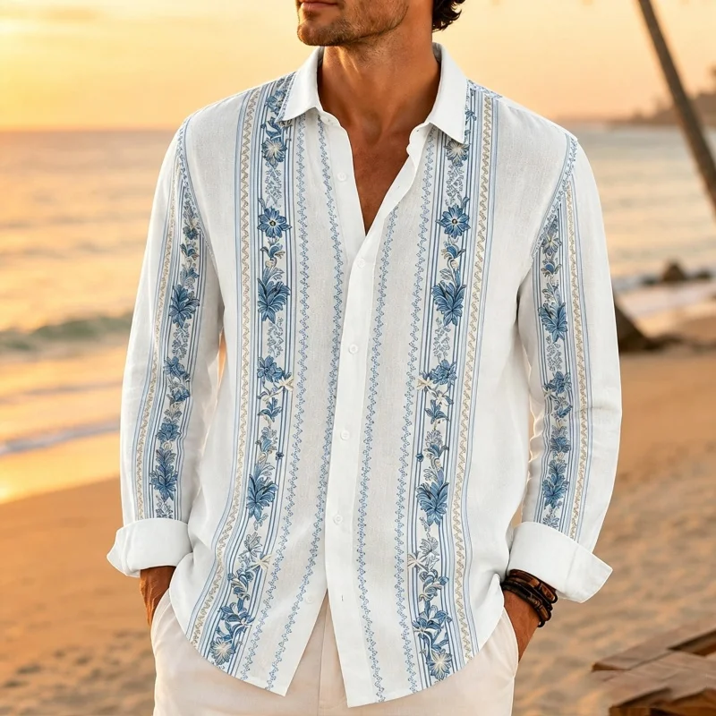 Men's shirt collar long sleeved shirt Bohemian ethnic floral print beach vacation men's top loose beach casual men's clothing