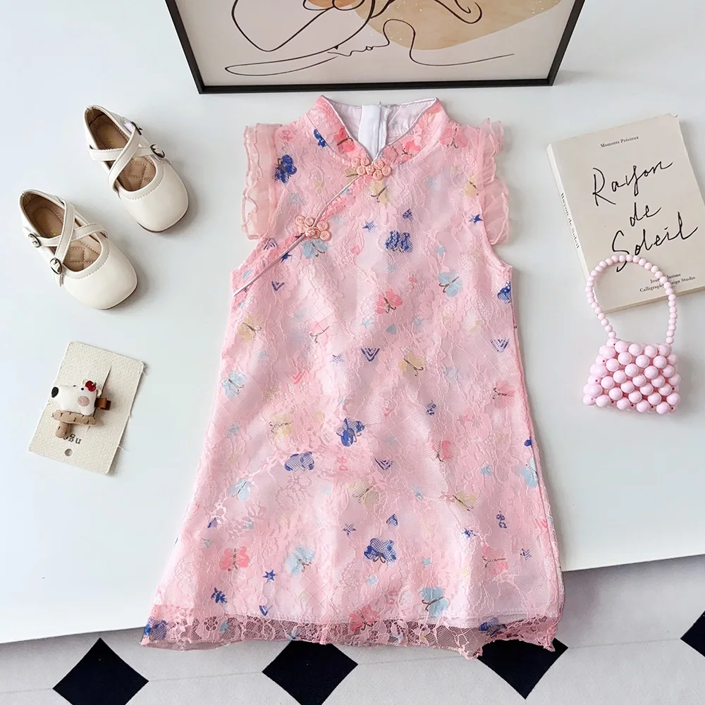 Sweet and Lovely Lace Sleeveless Butterfly Print Princess Sleeveless Dress in Summer Chinese Cheongsam for Girls Aged 2-7