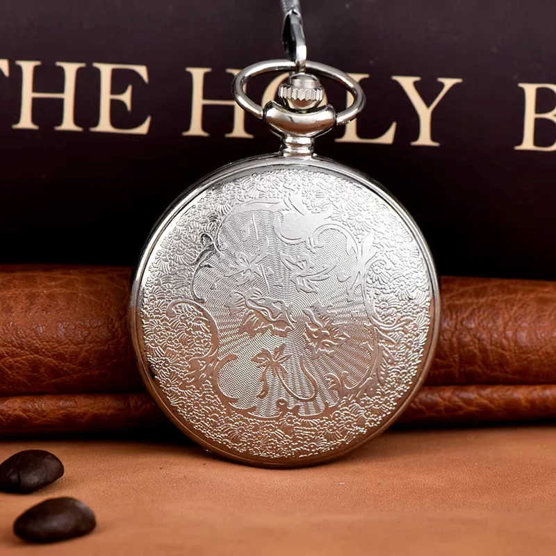 Silver large chain pocket watch Cartoon design pocket watch Petal hollow pocket watch Nostalgic quartz watch