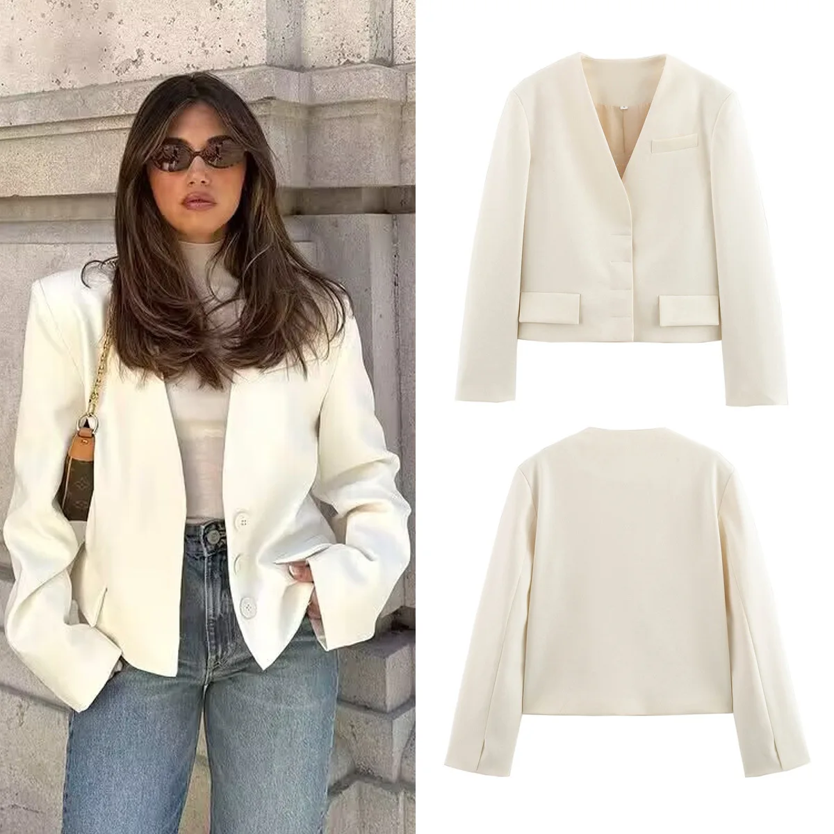 

Весенний модный женский пиджак с V-образным вырезом, короткий широкий европейско-американский стиль, карманная деталь, оптовая продажа A125013