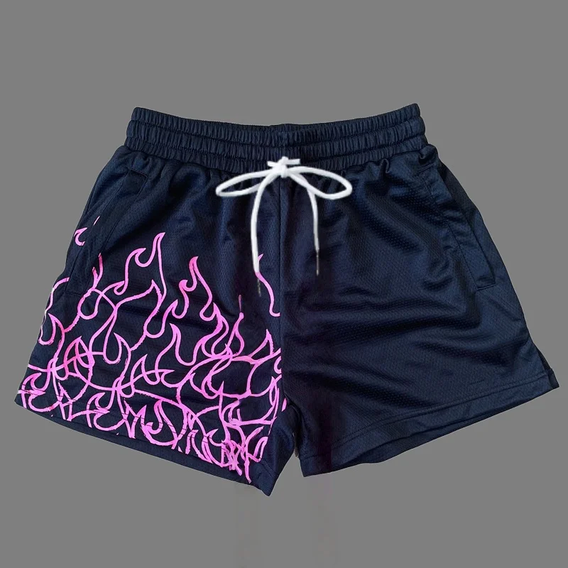 Sommer-Sonderangebot Unisex Mesh Schnelltrocknende Shorts Hip-Hop Flammen-Graffiti-Print Kordelzug Lose Sport-Basketball-Streetwear-Shorts – Detail 12