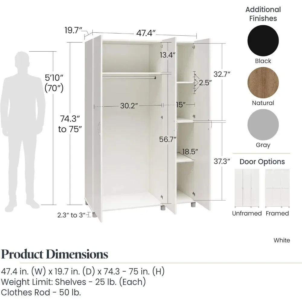 3 Door Wardrobe Natural Adjustable Shelves 19.69